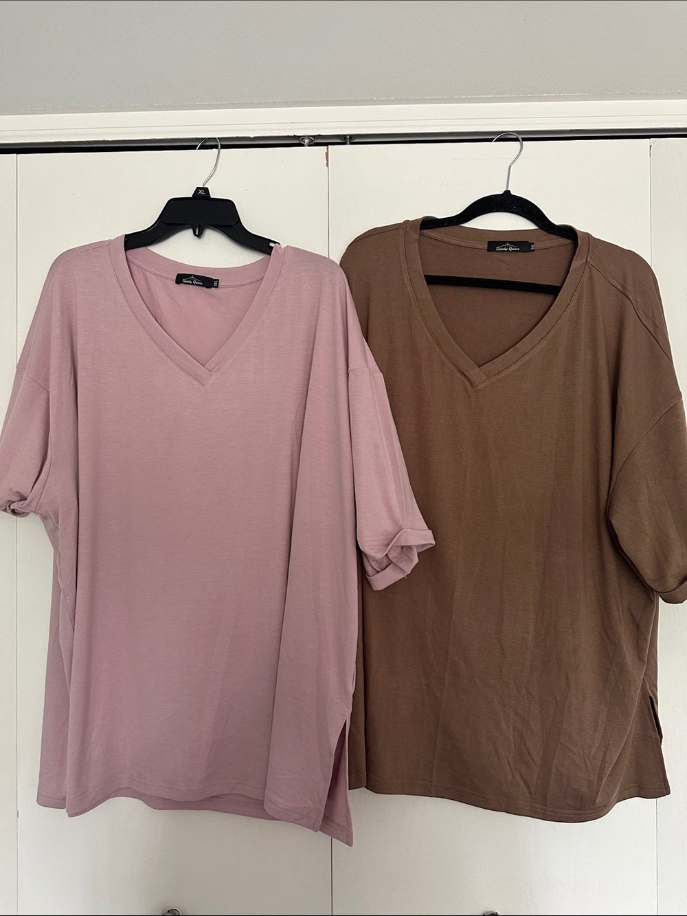 2 Trendy Queen V-Neck Tunic Tops - Pink and Brown